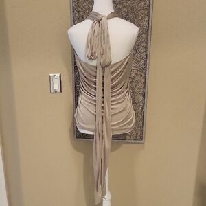 Moda International Taupe Gold Ruched Halter with Extra-Long Convertible Tie